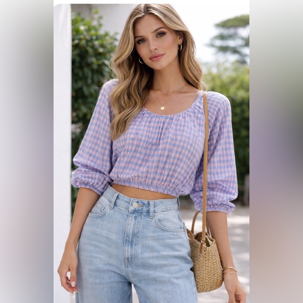 Never A Wall Flower Pastel Blue Pink Checked Gingham Cropped Top Size S